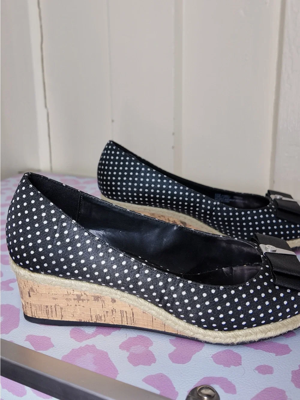 Polka Dot Peep-Toe Wedge Espadrilles with Bow size US 6.5 by Etienne Aigner
